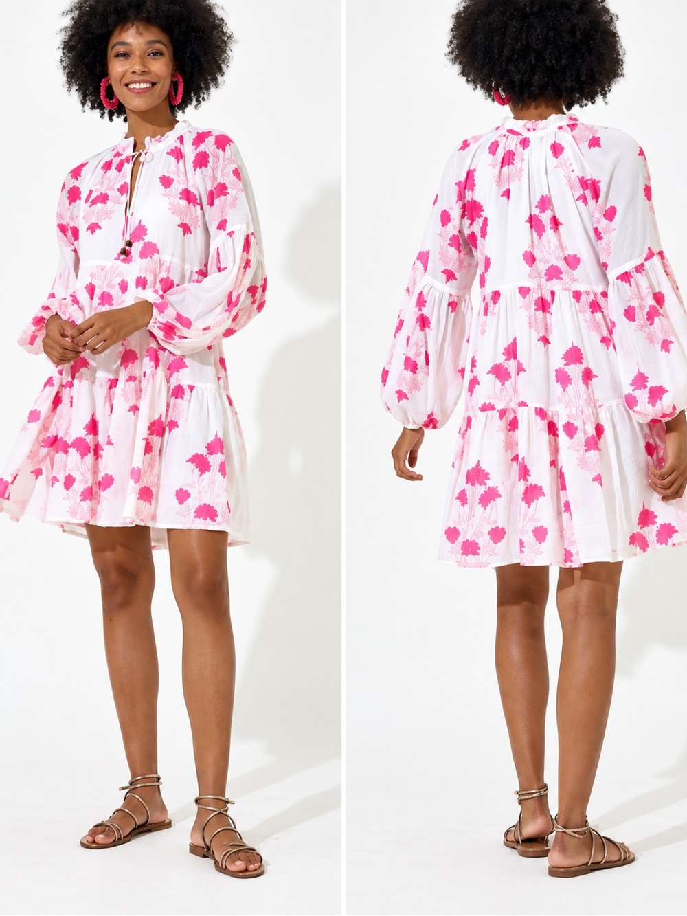Oliphant White Mini Dress with Hot Pink Floral Print Size Large